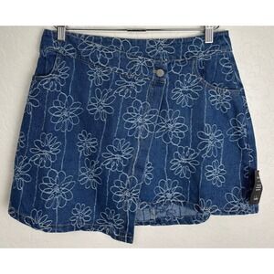Lulus Nicest Aura Med Wash Embroidered Denim Floral Asymmetrical Skirt Sz M 2643